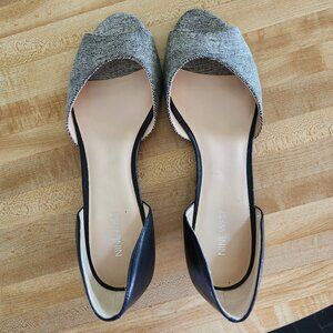 Nine West Vivie Leather and Cloth Peep Toe Low Wedge Heel V658 Black Gray